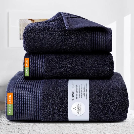 Set of three navy blue towels with 'Apple Jack' branding on a light gray background
