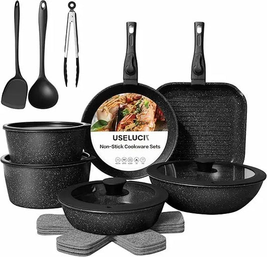 USELUCI non-stick cookware set with pots, pans, and utensils on a white background