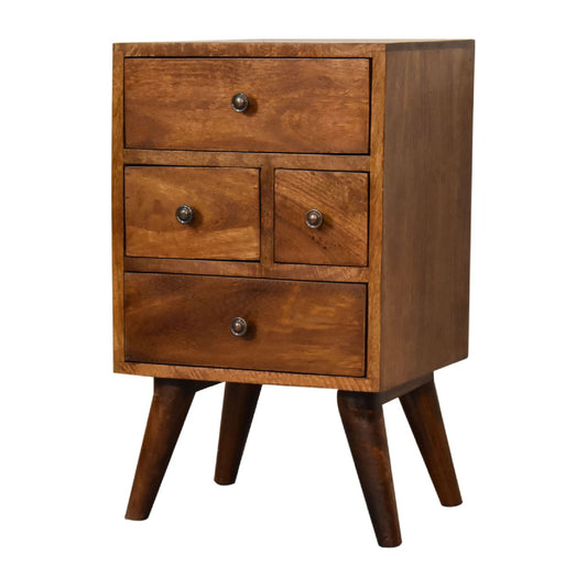 4 Drawer Chestnut Nightstand made from solid mango wood with smooth finish, four drawers, and Nordic-style legs. Corner view