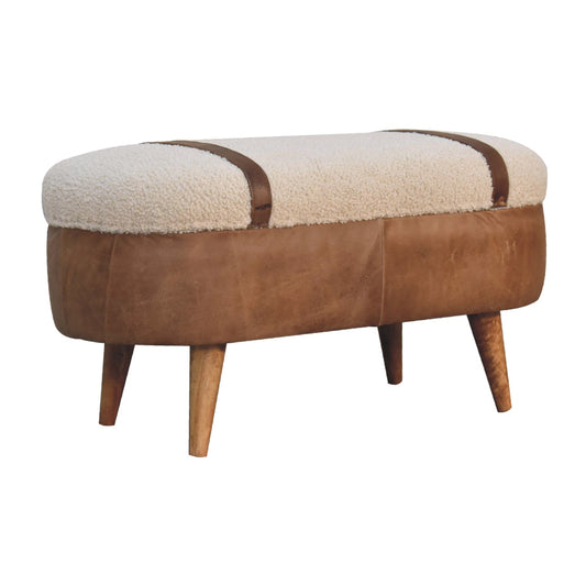 Tan Boucle and Buffalo Leather Bench with cotton boucle seat, leather straps, and oak finish legs. Detailed full view