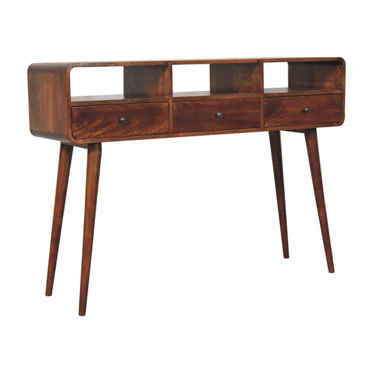 Extra Mini Curved Chestnut Bedside Table made from solid mango wood with one drawer and open lower shelf. Lateral view