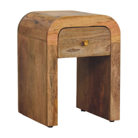 Mini Darcy Oak-ish Nightstand with a single drawer, brass knob, and curved edges. Right corner view
