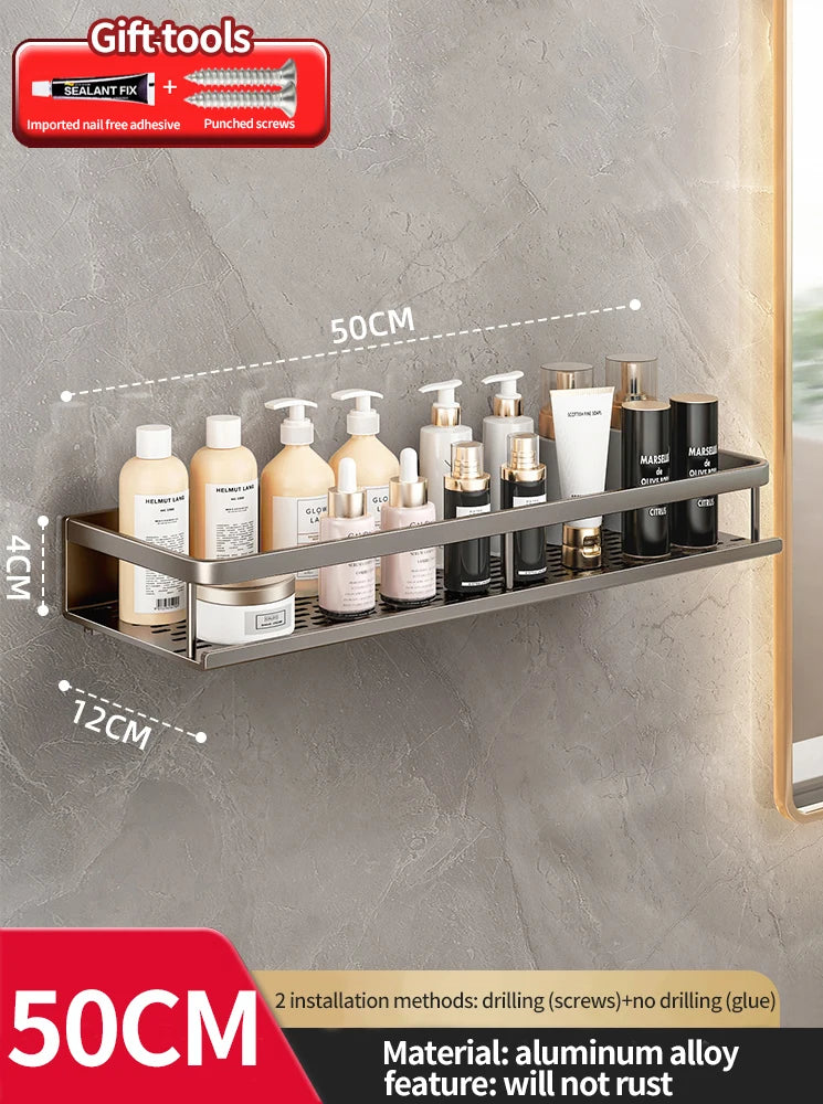 Bathroom shelf with toiletries on a gray wall, showing dimensions and material details.
