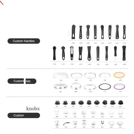 Collection of customizable handles, lids, and knobs on a white background