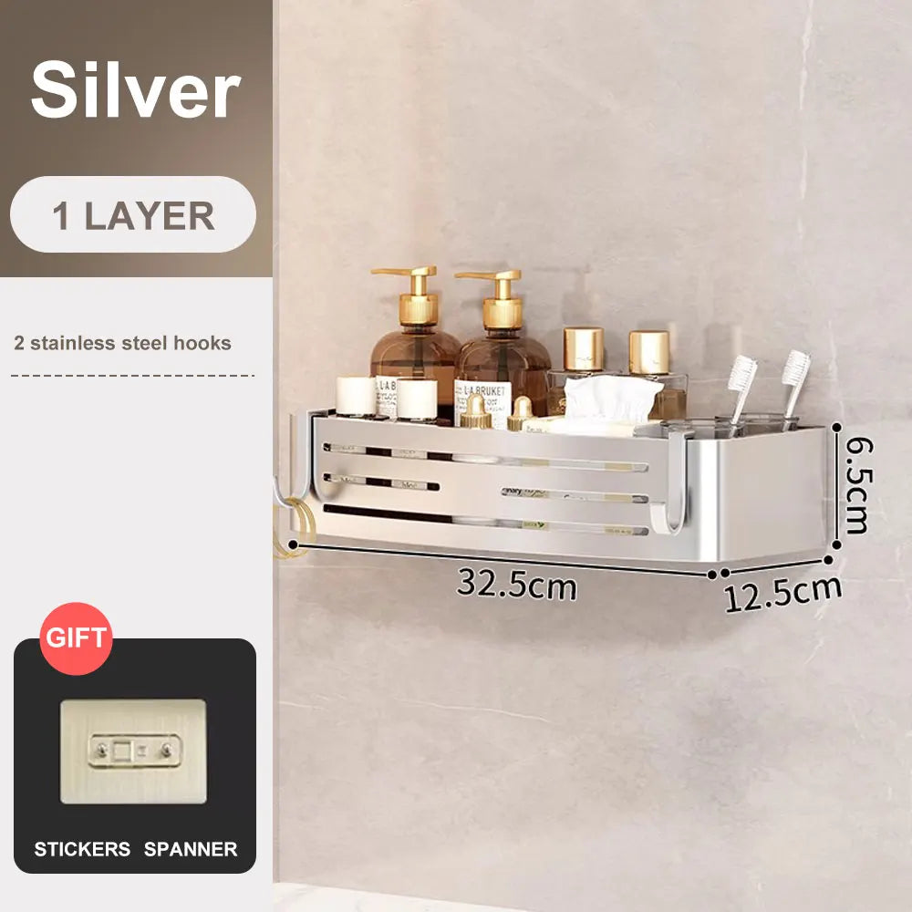 Bathroom Corner Shelf with Towel Bar, No-Drill Aluminum Storage Rack