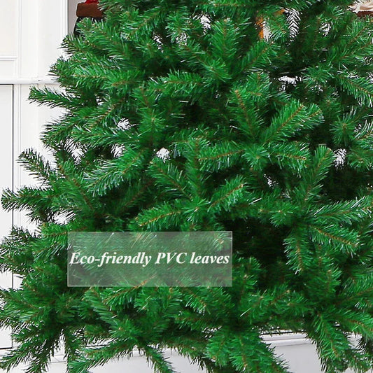 Green artificial Christmas tree with 'Eco-friendly PVC leaves' label