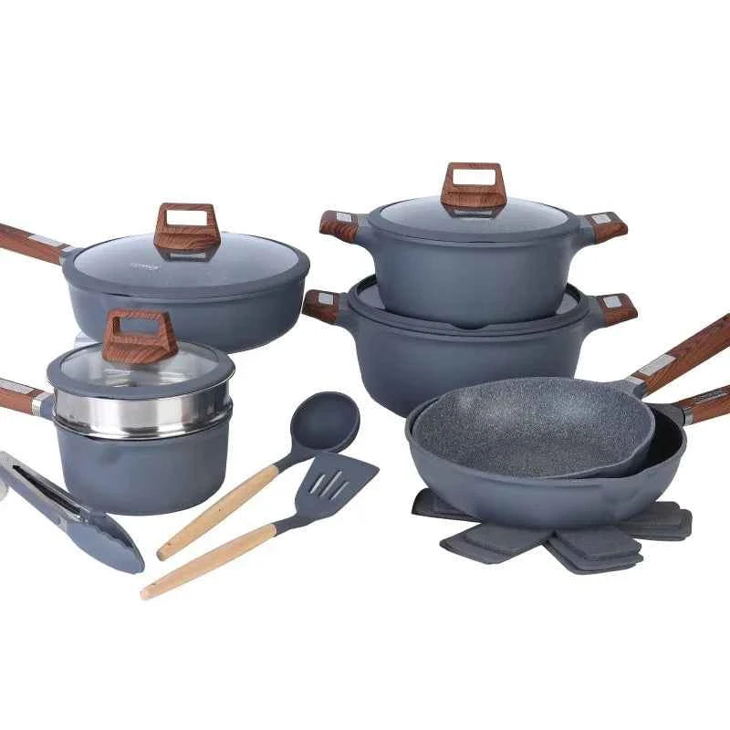 DONNOR 17pcs/set Non Stick Uncoated Frying Pan with Lid Cookware Aluminum Granite Soup Pot Milk Pot Stove Universal Kitchen Tool