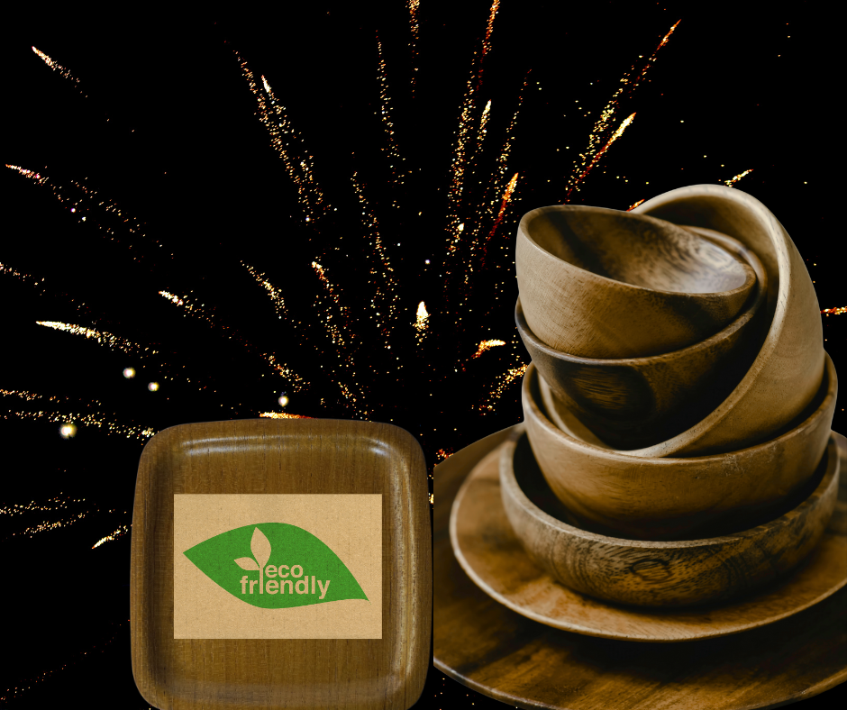 Image of Eco friendly wooden plates and spoons. 