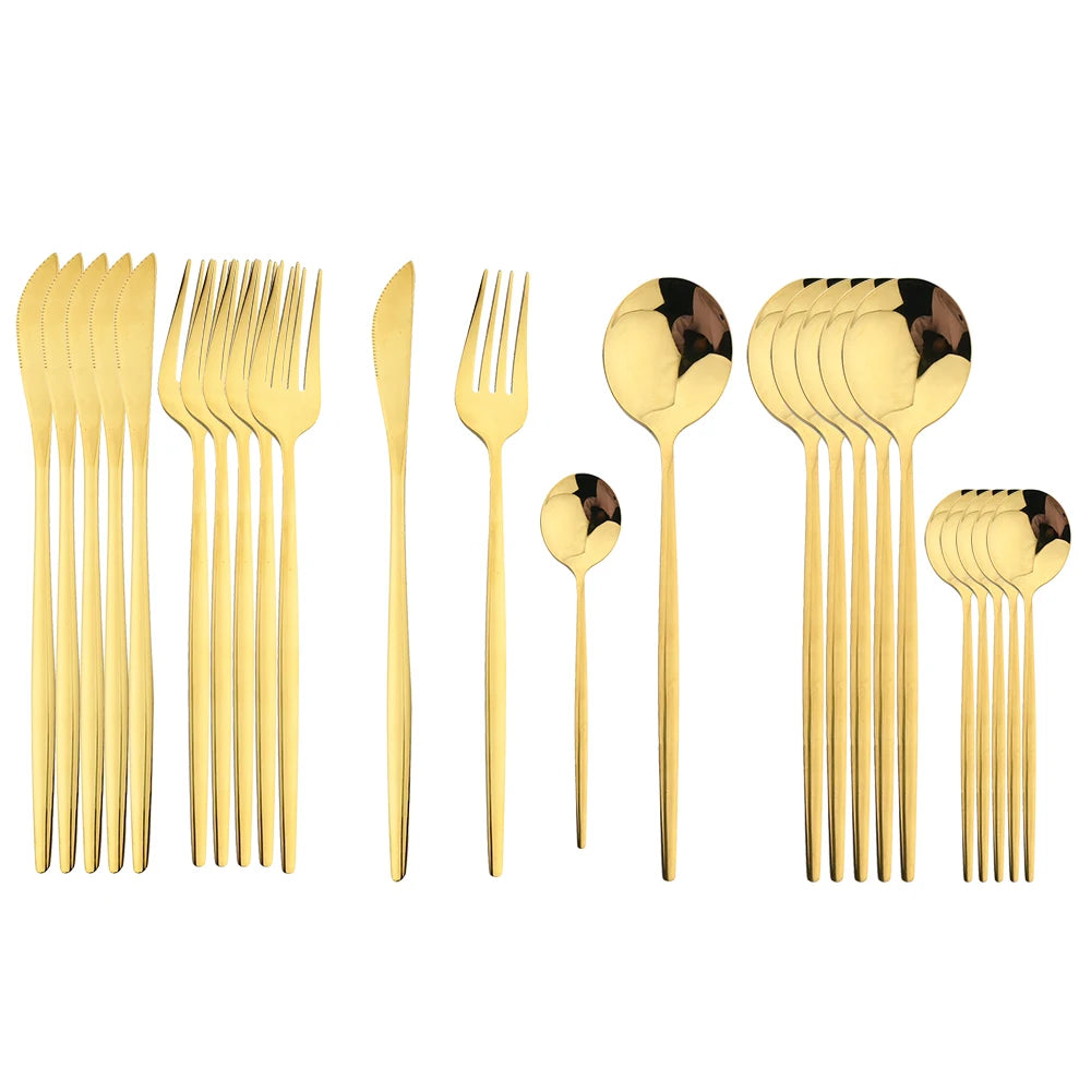 24-Piece Black Handle Gold Stainless Steel Cutlery Set