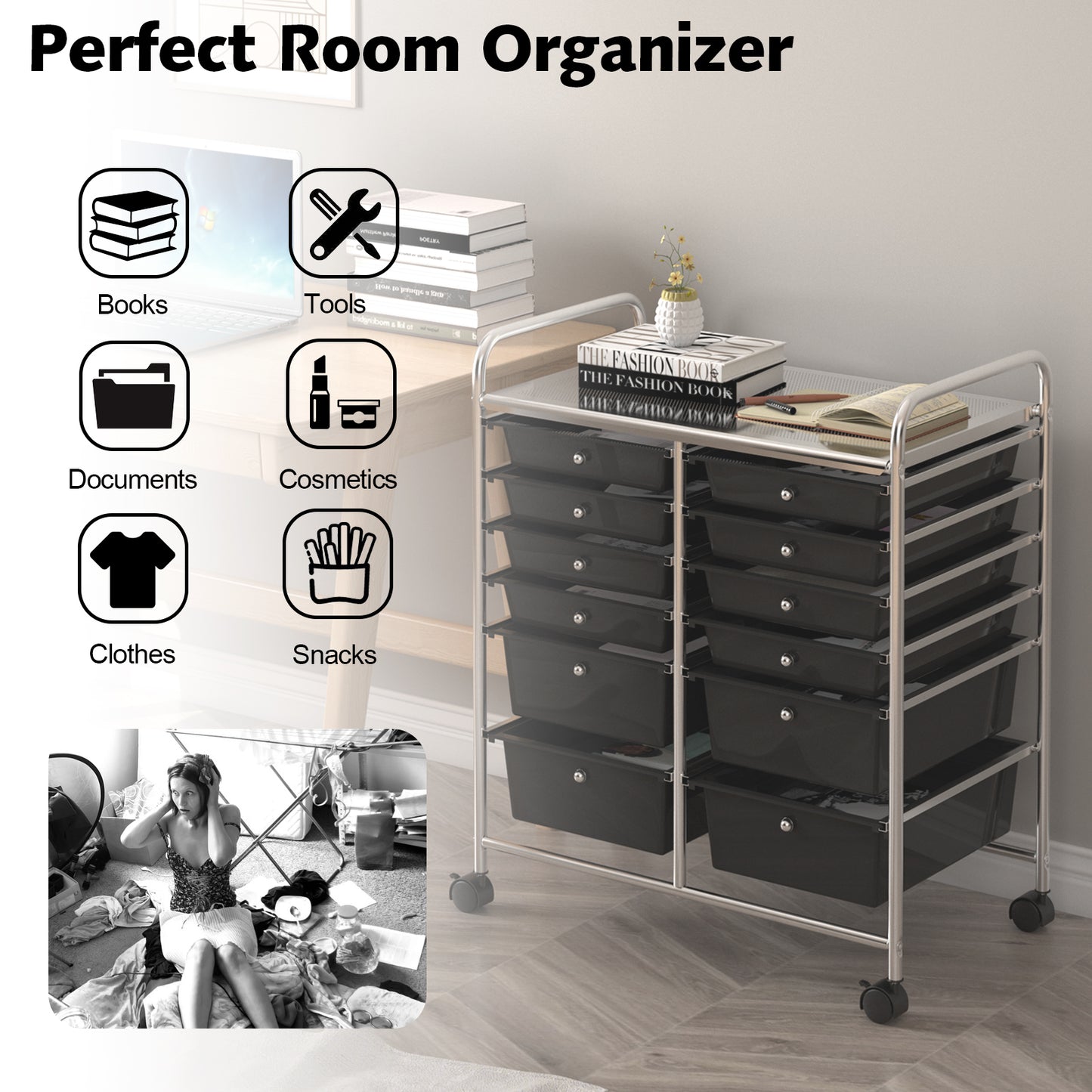 12 Storage Drawer Organizer Bins Rolling Cart-Black