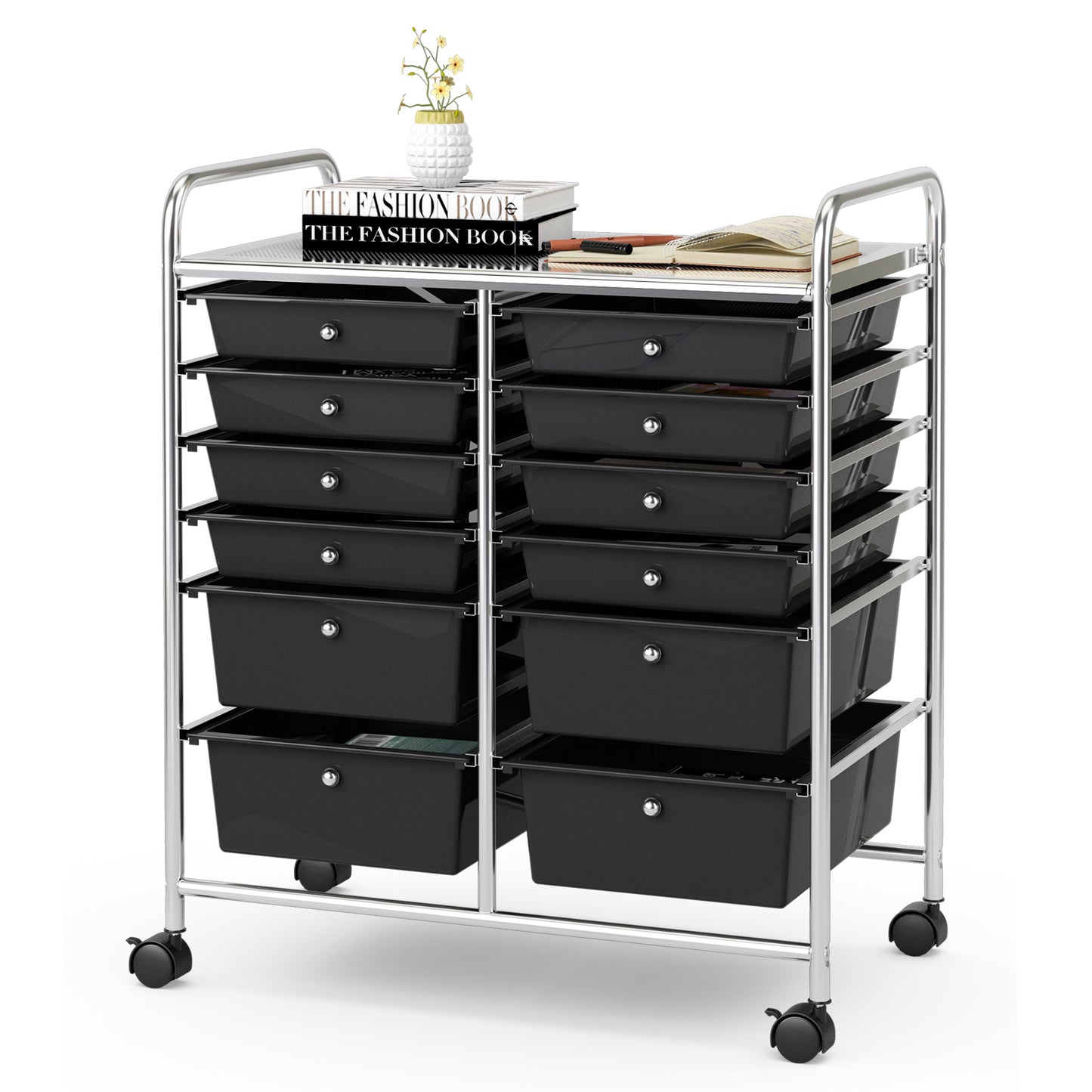 12 Storage Drawer Organizer Bins Rolling Cart-Black
