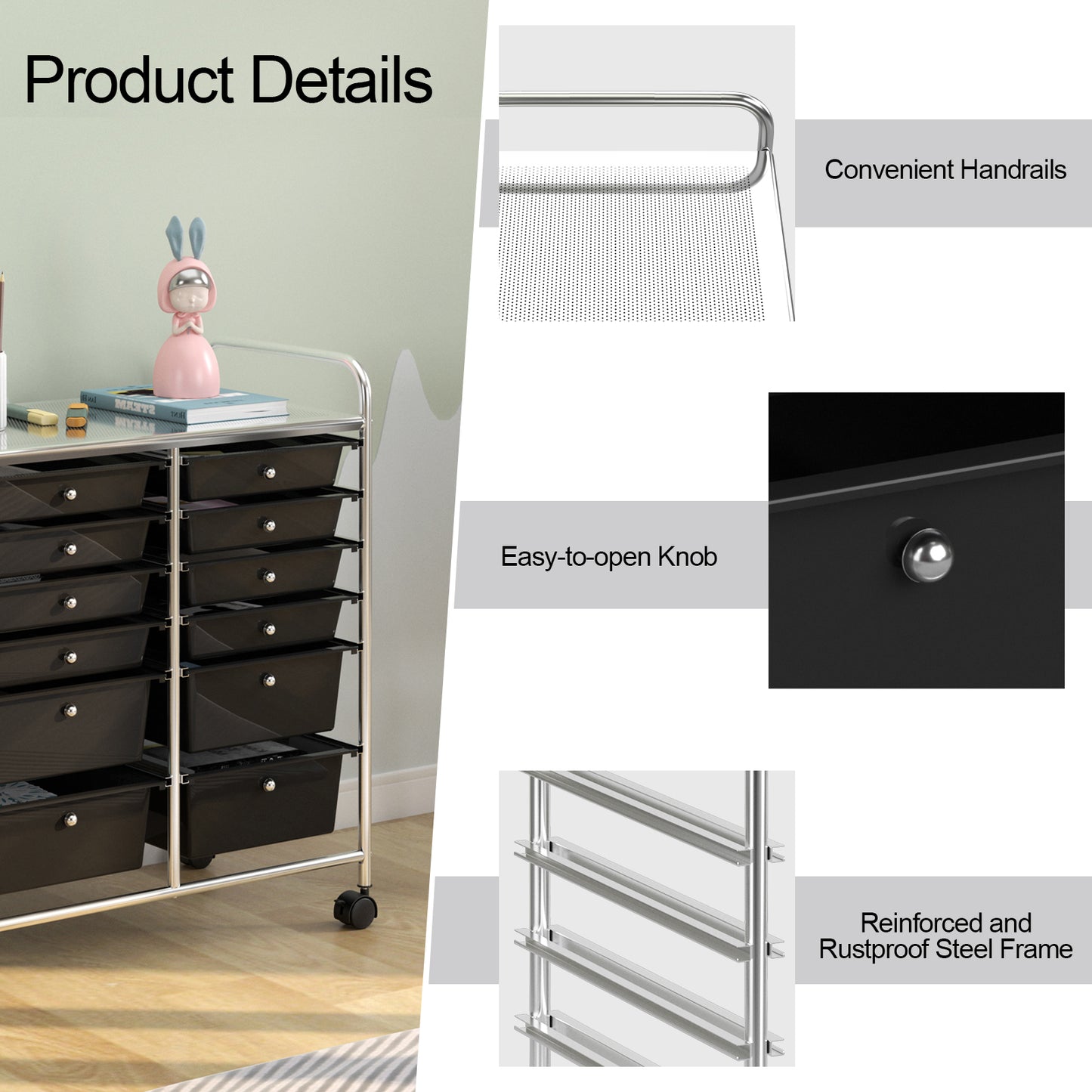 12 Storage Drawer Organizer Bins Rolling Cart-Black