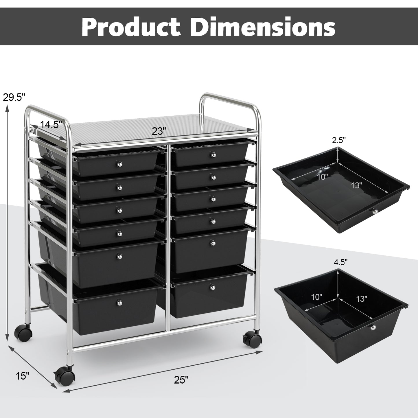 12 Storage Drawer Organizer Bins Rolling Cart-Black