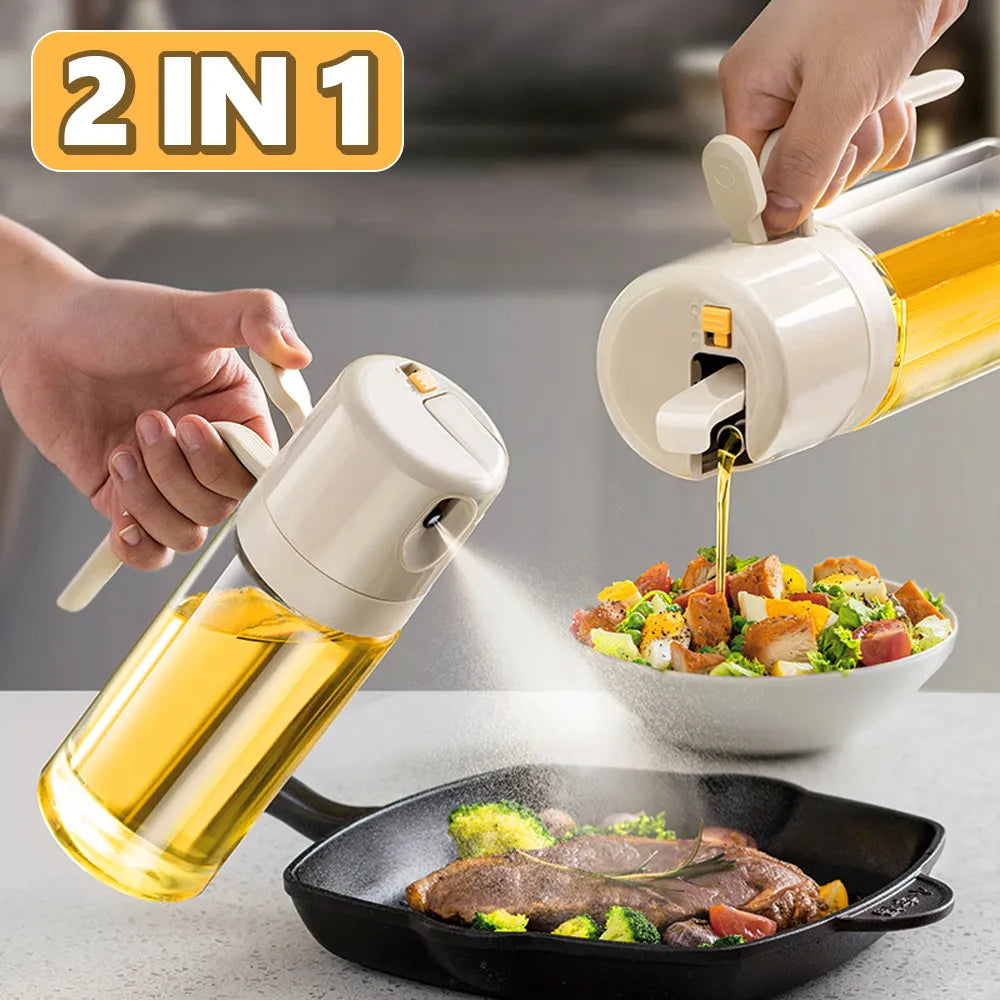 Two hands using a 2-in-1 oil sprayer over a pan and a bowl of salad.