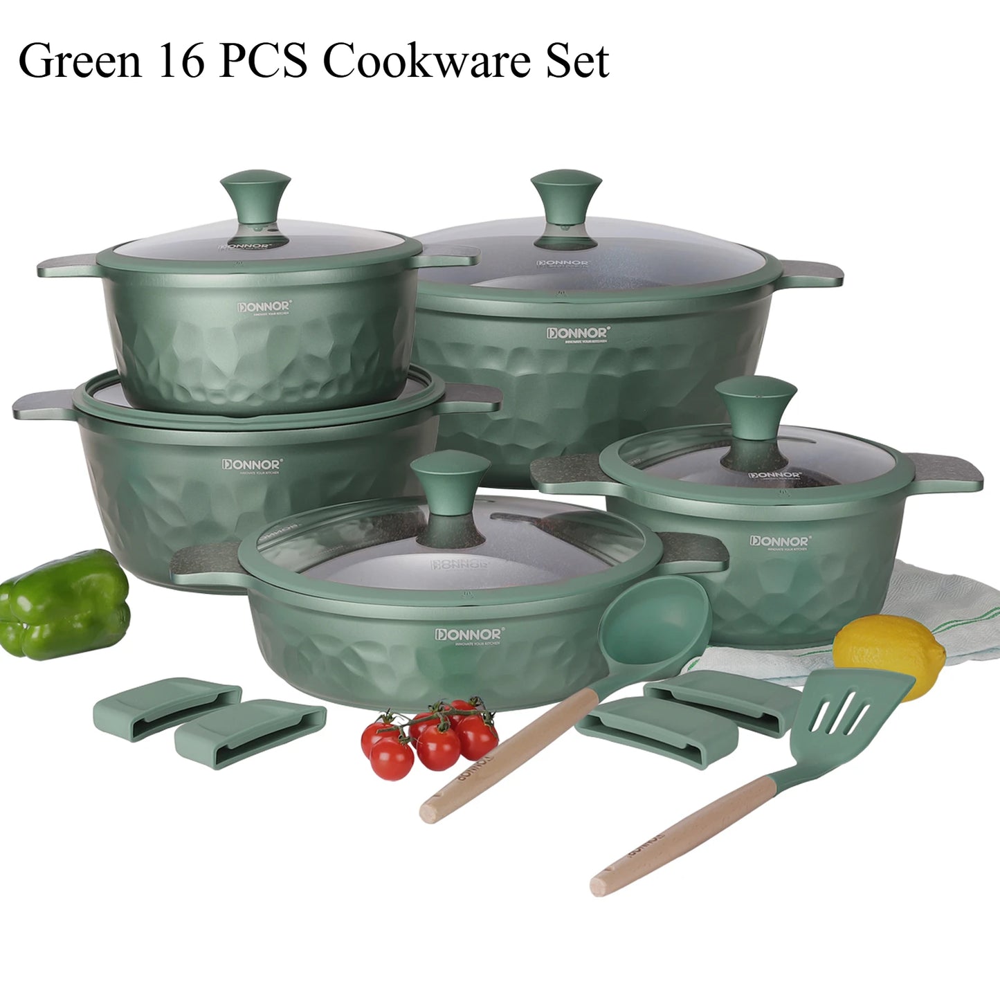 Green 16 PCS cookware set with pots, pans, and utensils on a white background