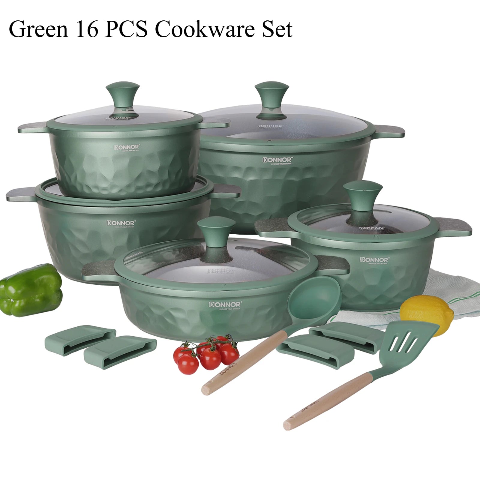 Green 16 PCS cookware set with pots, pans, and utensils on a white background