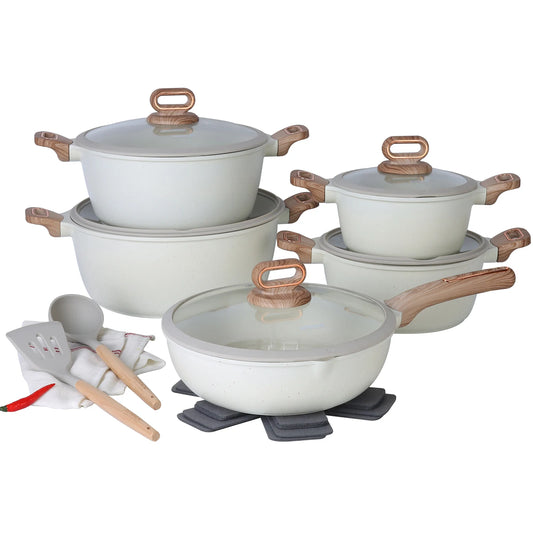 Set of ceramic cookware with wooden handles on a white background