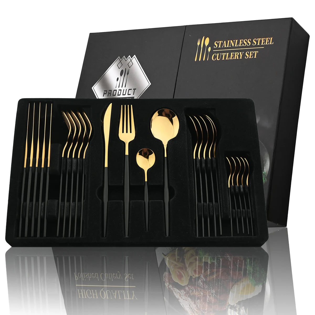 Stainless steel cutlery set with black and gold finish in a black box packaging.