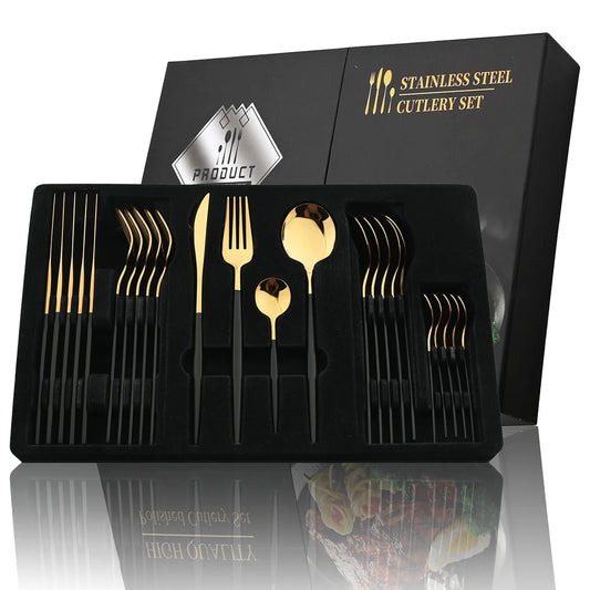 Stainless steel cutlery set with black and gold finish in a black box packaging.