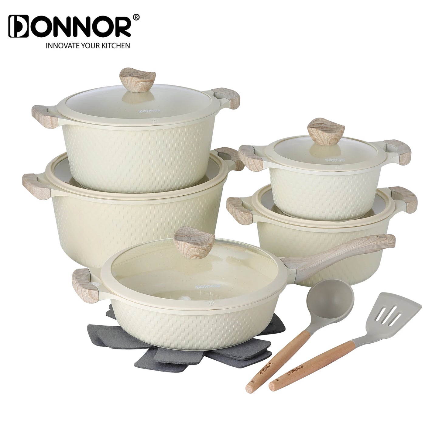 Set of beige cookware with wooden handles and utensils on a white background, featuring the DONNOR brand.