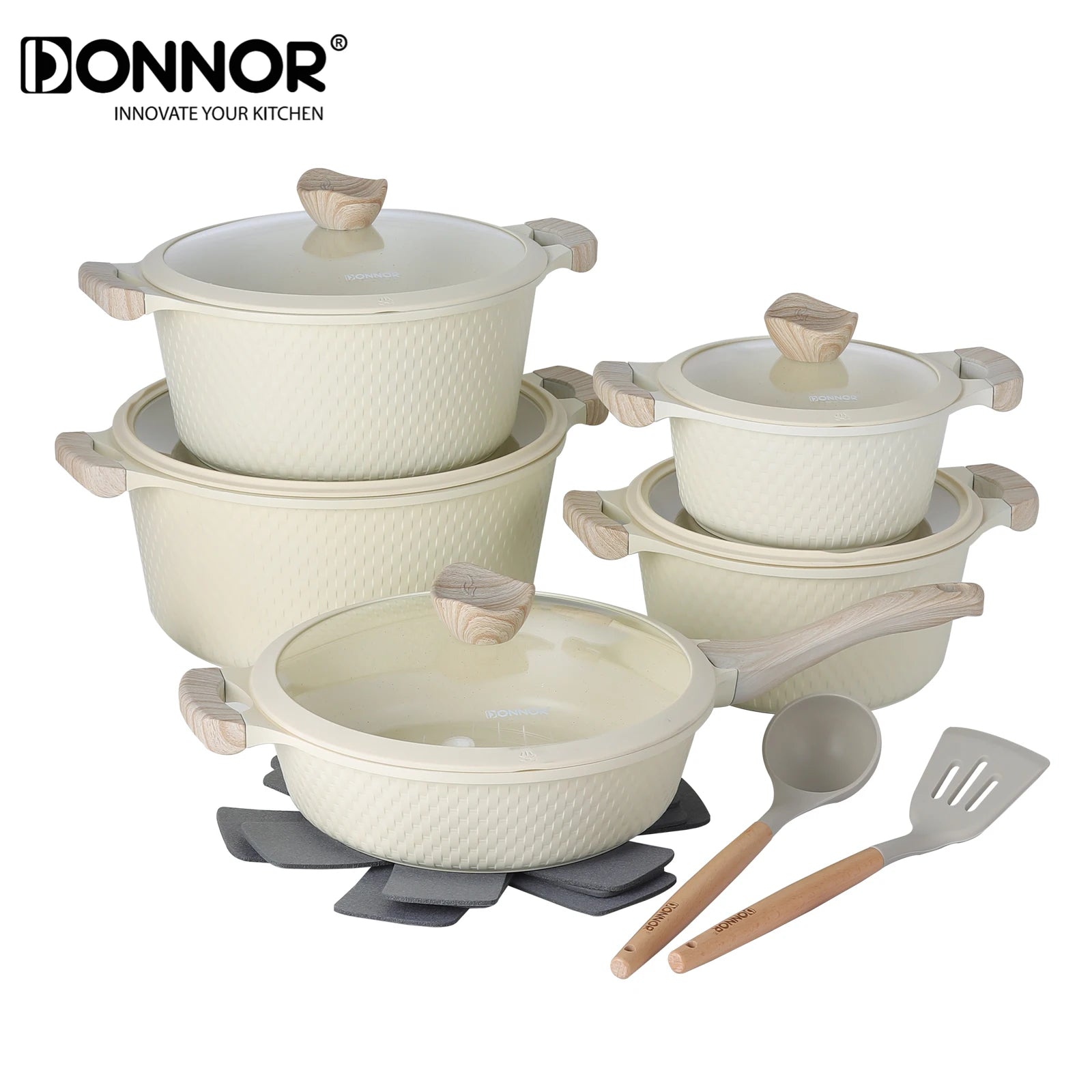 Set of beige cookware with wooden handles and utensils on a white background, featuring the DONNOR brand.
