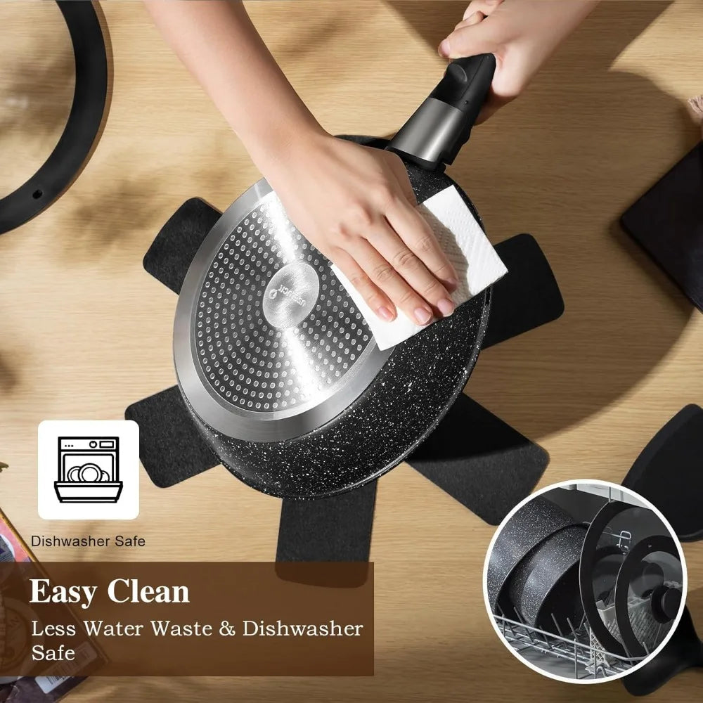 Person cleaning a frying pan with a paper towel on a wooden surface, with text indicating dishwasher safety.