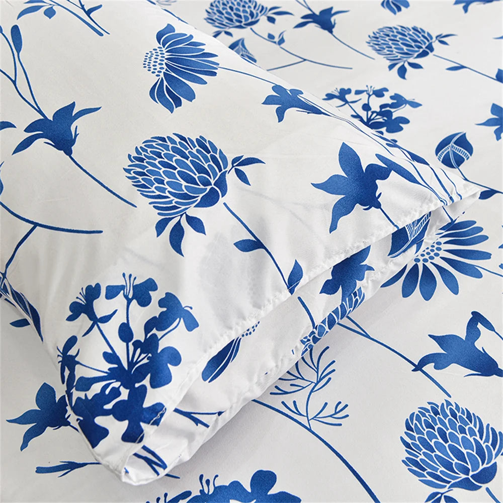 Blue Floral Fitted Bed Sheet with Elastic – Twin/Queen/King Mattress Cover