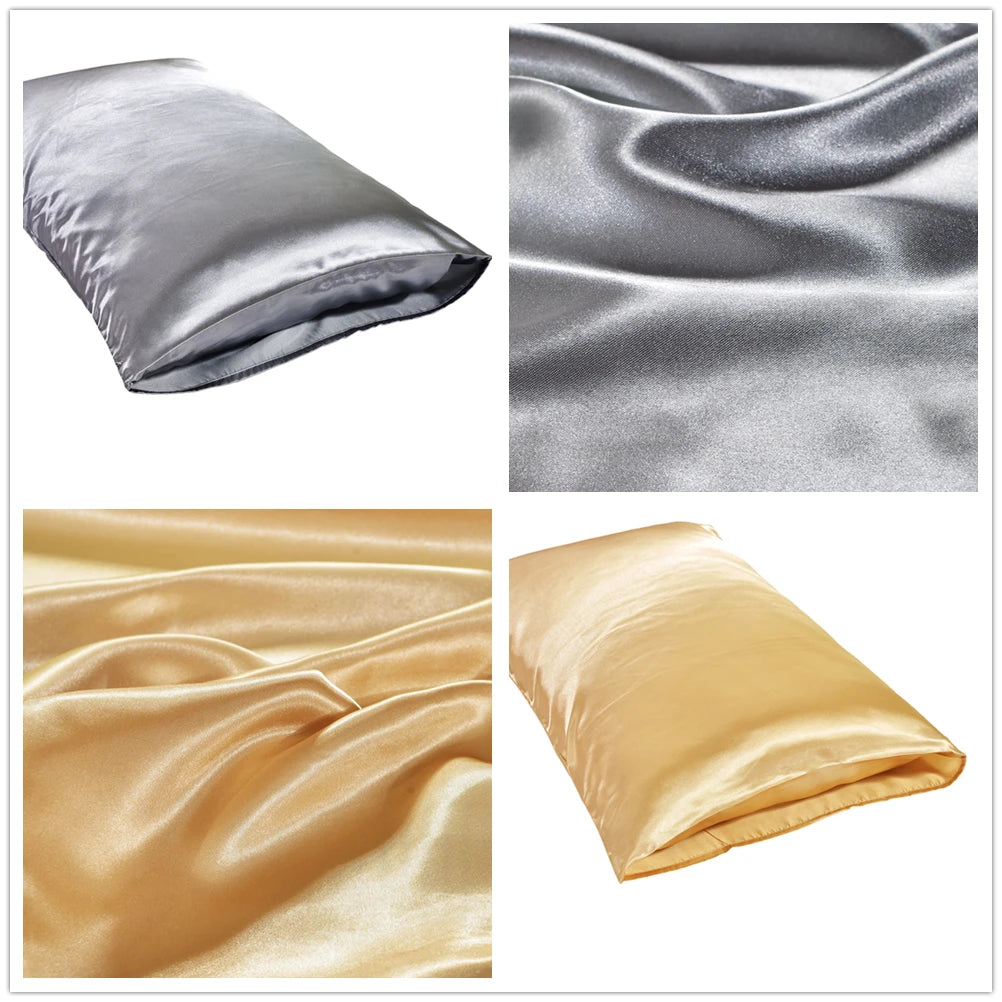 Collage of satin pillowcases in silver, gold, and beige.