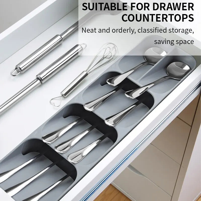 Kitchen utensil organizer in a drawer with utensils and text about its suitability for drawer countertops.