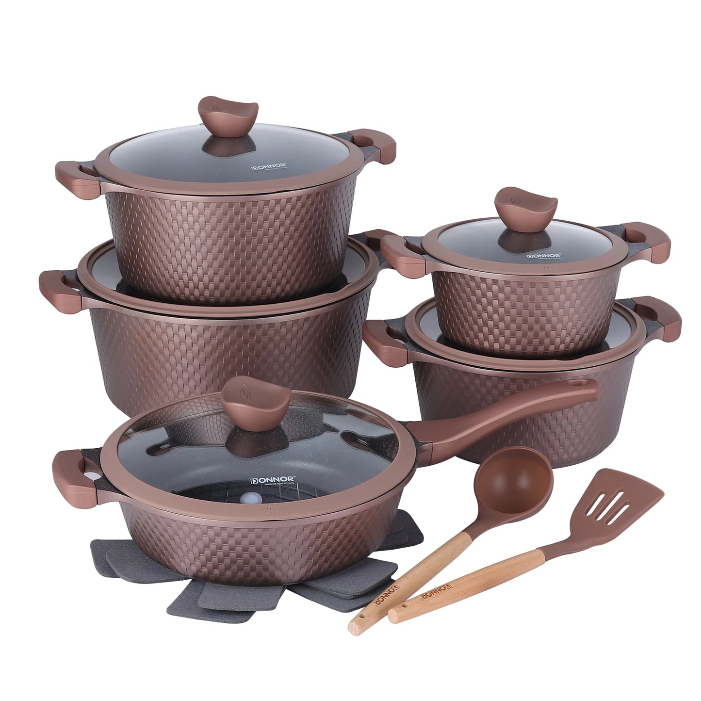 Set of brown cookware with lids and wooden utensils on a white background