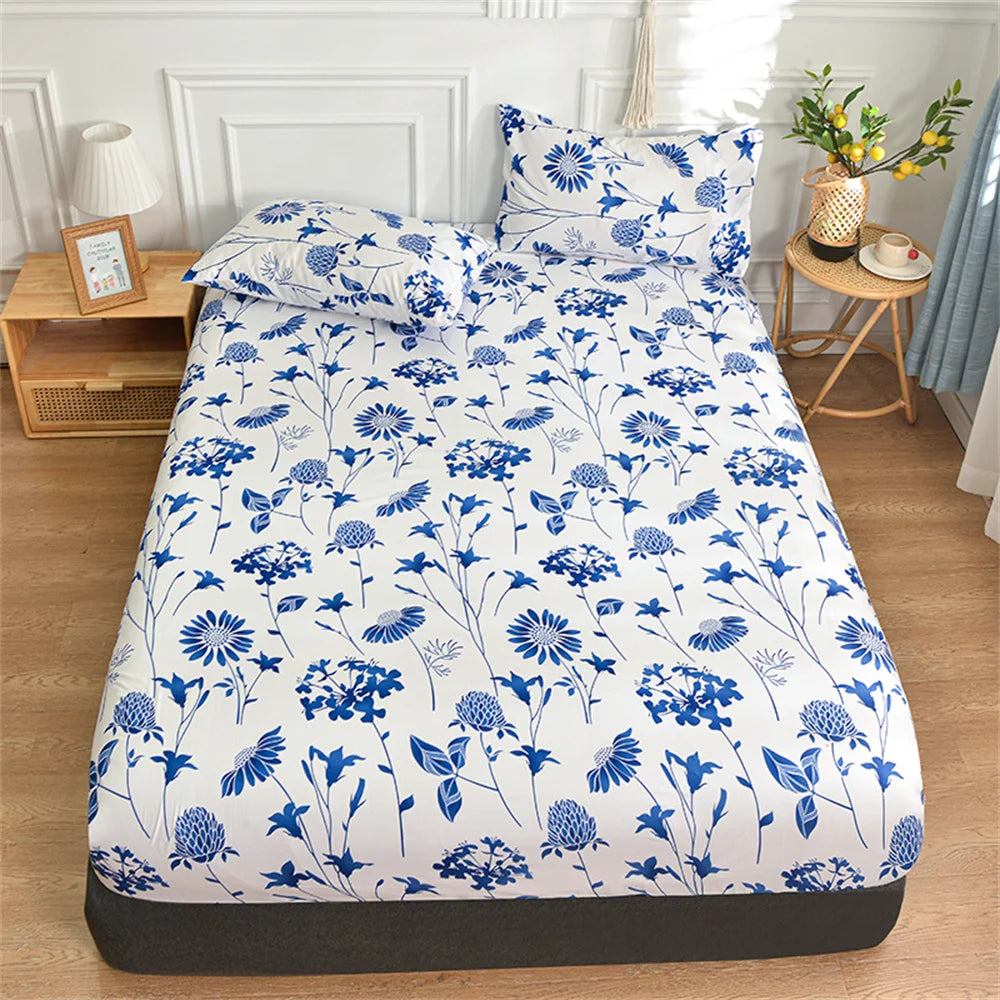 Blue Floral Fitted Bed Sheet with Elastic – Twin/Queen/King Mattress Cover