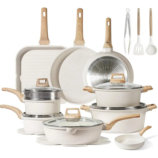 Set of ceramic cookware with wooden handles on a white background