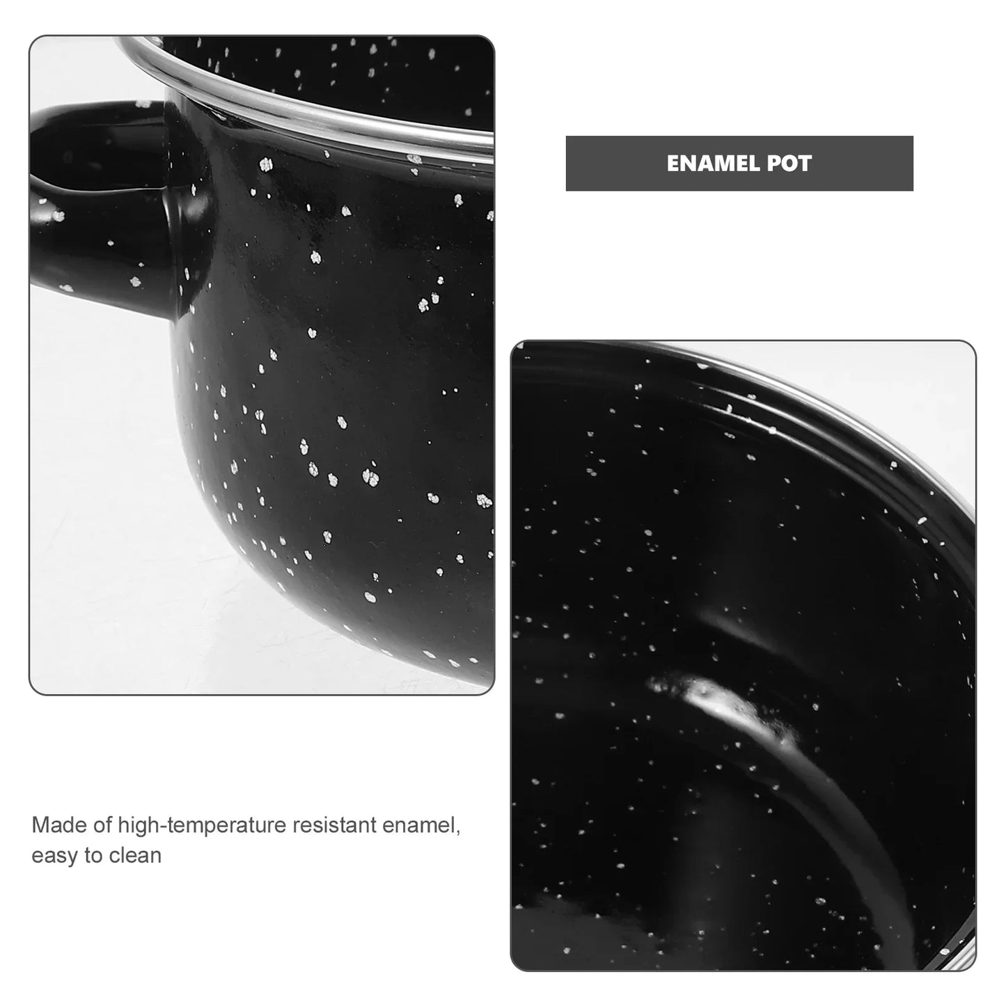 Black enamel pot with speckled pattern, showing high-temperature resistant enamel.
