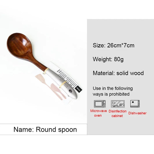 Wooden spoon with measurement scale on a white background, accompanied by product details.