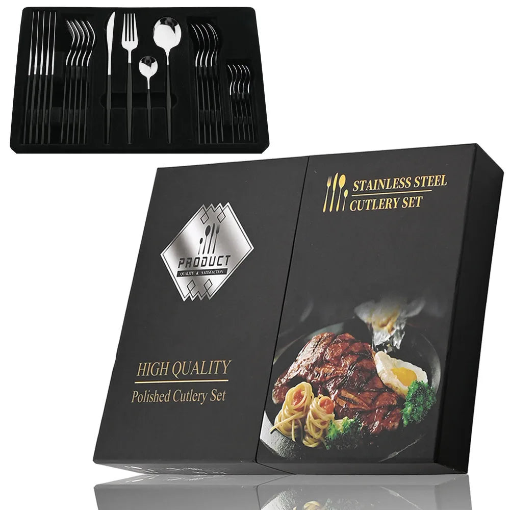 24-Piece Black Handle Gold Stainless Steel Cutlery Set