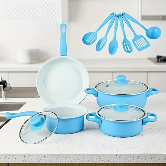 Set of blue cookware with glass lids on a kitchen counter.