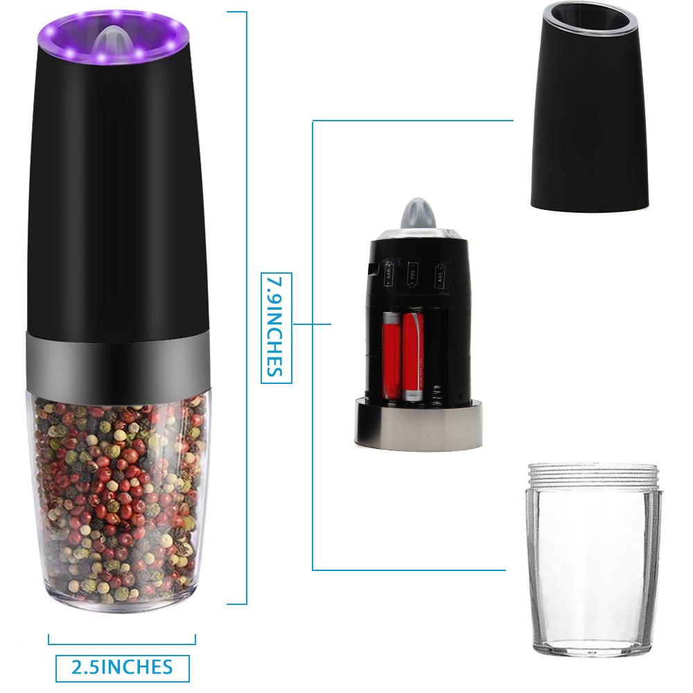 Black pepper grinder with clear container filled with peppercorns, showing dimensions and separate parts on a white background.