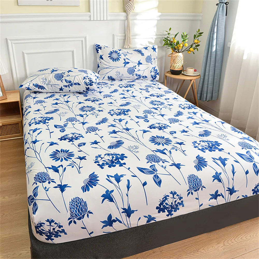 Blue Floral Fitted Bed Sheet with Elastic – Twin/Queen/King Mattress Cover