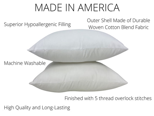 Two white pillows with text highlighting features like 'Made in America' and 'Superior Hypoallergenic Filling'.