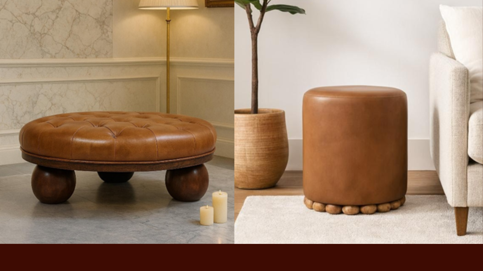 Brown leather ottoman with spherical legs in a home setting