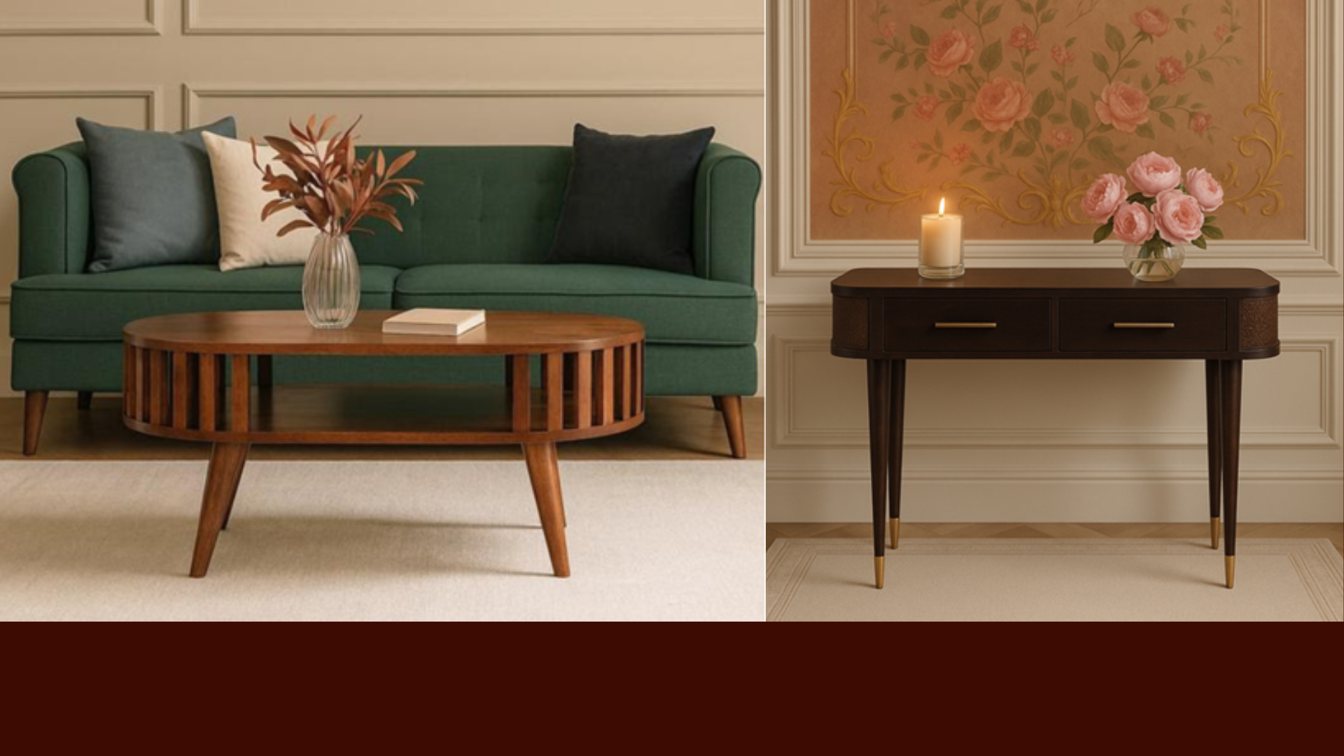 Two interior design scenes with a green sofa, wooden coffee table, and decorative elements.