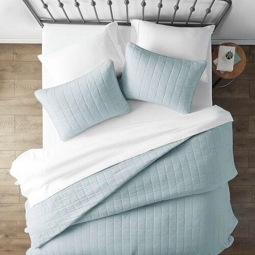 3 Piece Microfiber Farmhouse Coverlet Bedspread Set Light Blue,