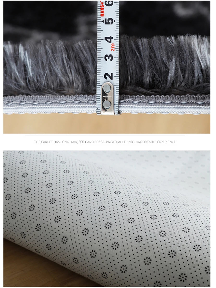 Measurement of carpet fibers with a ruler and close-up of fabric texture.