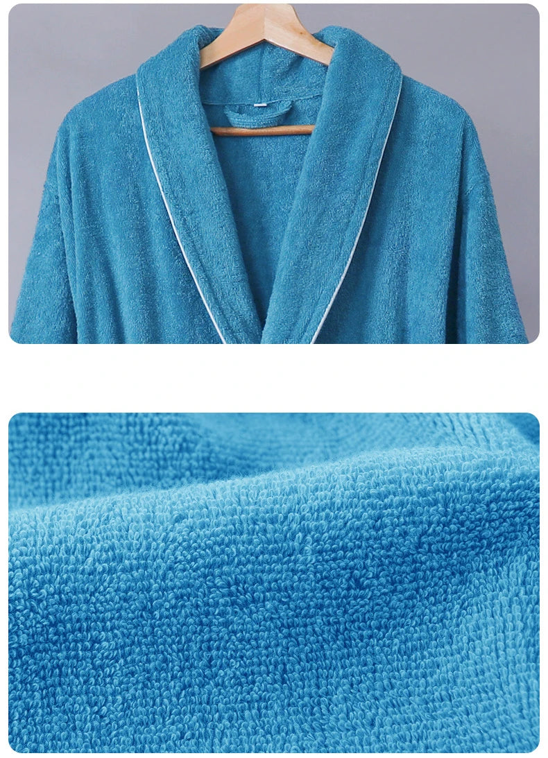 Blue robe on a hanger with close-up of fabric texture against a gray background