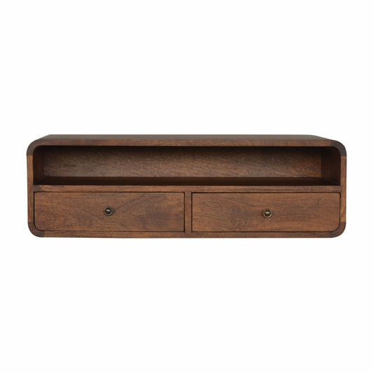 Wall-mounted chestnut console table with two drawers, large open shelf, and curved edges on solid mango wood.