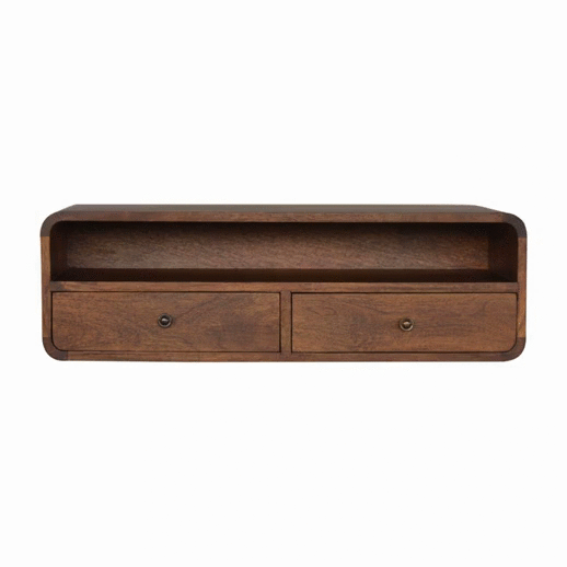 Wall-mounted chestnut console table with two drawers, large open shelf, and curved edges on solid mango wood. GIF