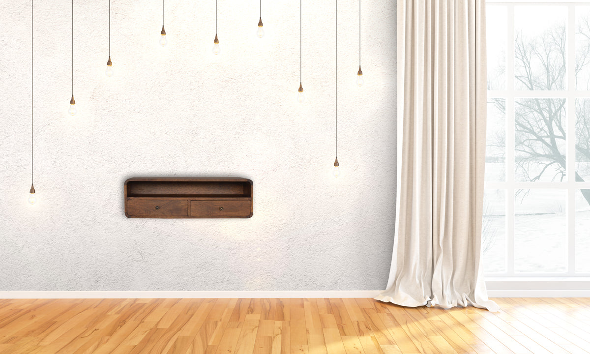 Wall-mounted chestnut console table with two drawers, large open shelf, and curved edges on solid mango wood.
