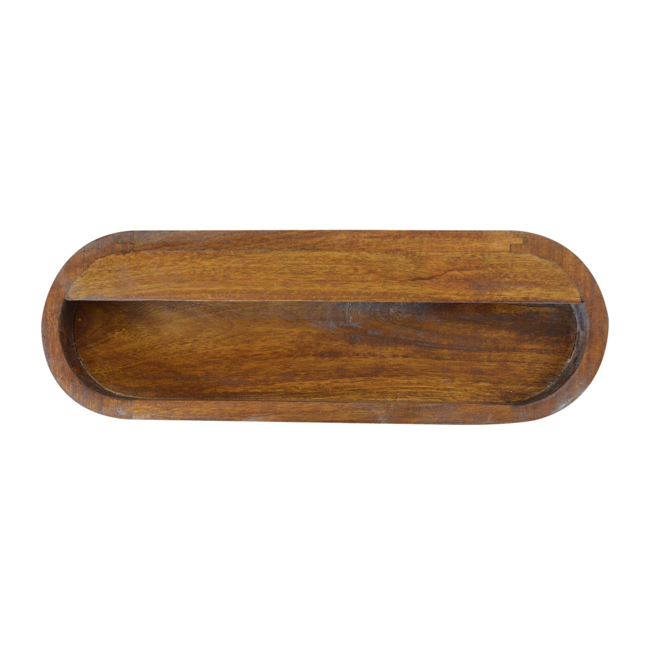 Round Wall-Mounted Chestnut Nightstand – floating circular wooden bedside table. bottom view