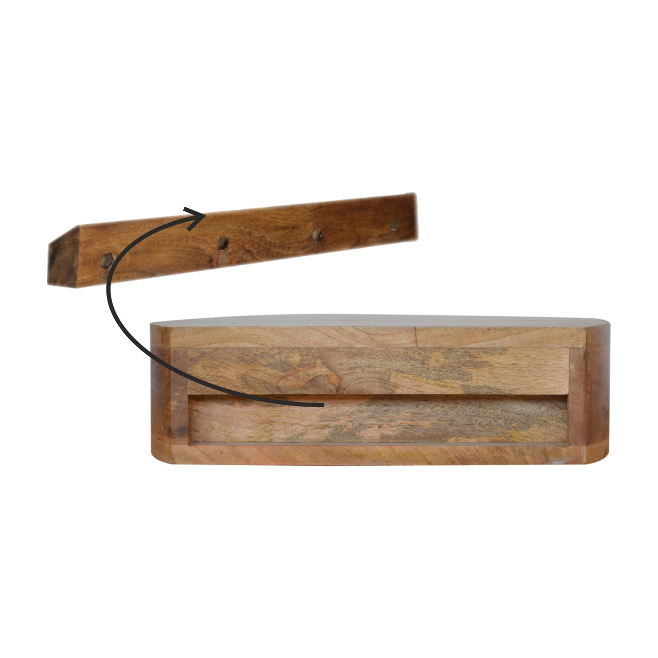 Wall Mounted Rounded Nightstand with 1 drawer, smooth rounded edges, and solid mango wood in oak-ish finish. Bottom view with wall mount wood