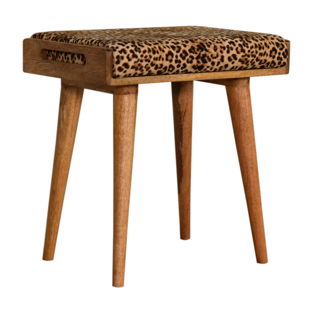 Leopard Velvet Tray Style Footstool with upholstered animal print top and solid mango wood legs